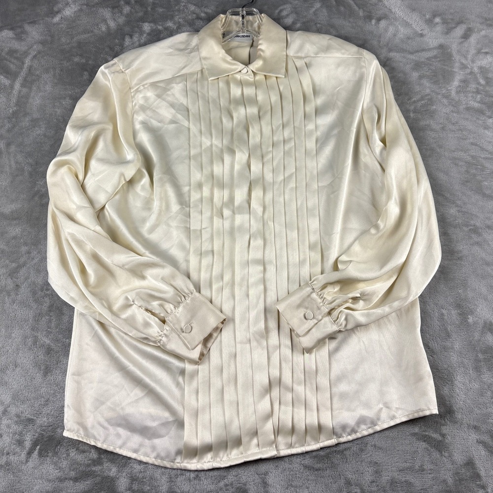 JH Collectibles Cream Satin Pleated Front Blouse Vintage Long Sleeve Size 6